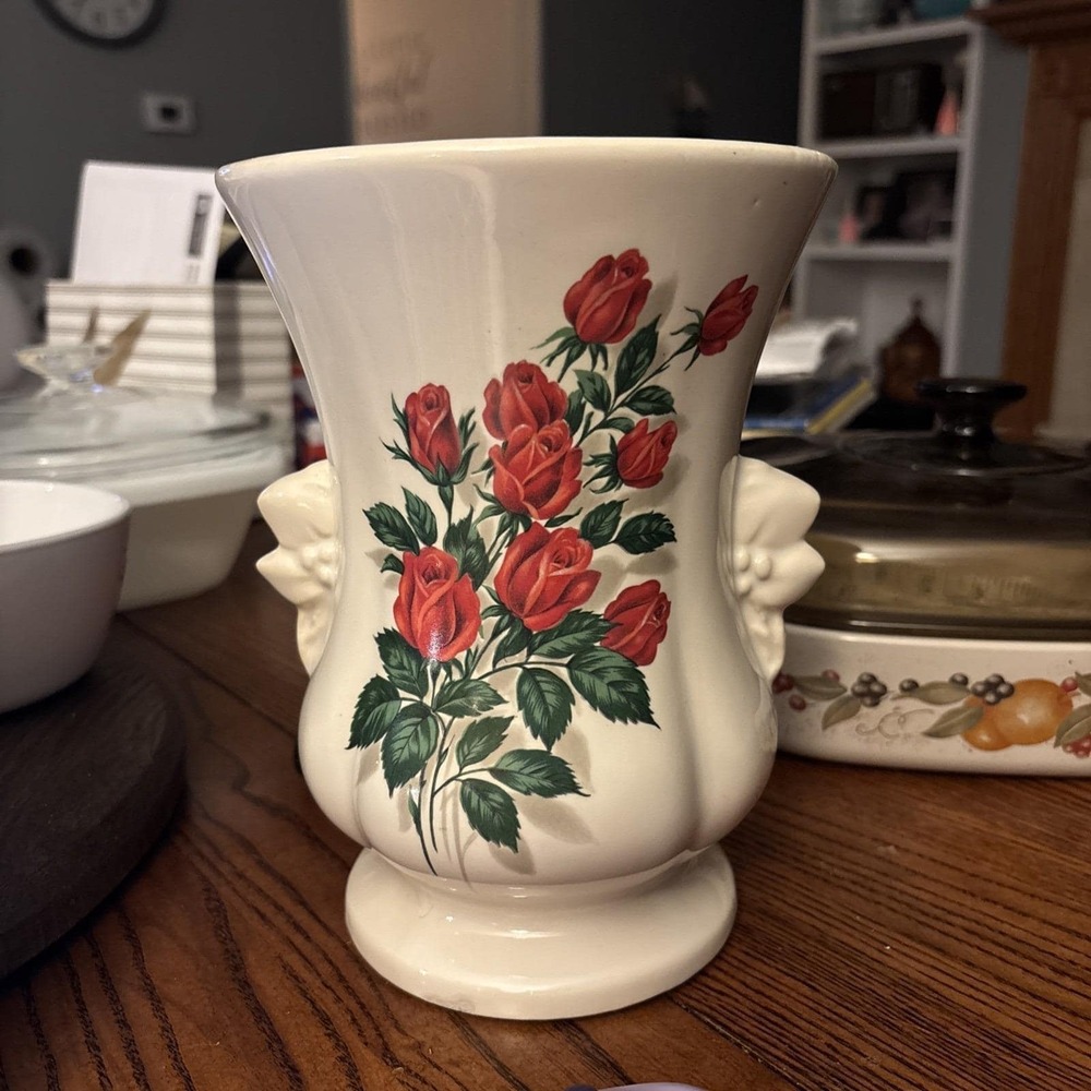 Vintage McCoy Pottery Vase with Red Roses and Double Handles Stunning Piece 8 in
